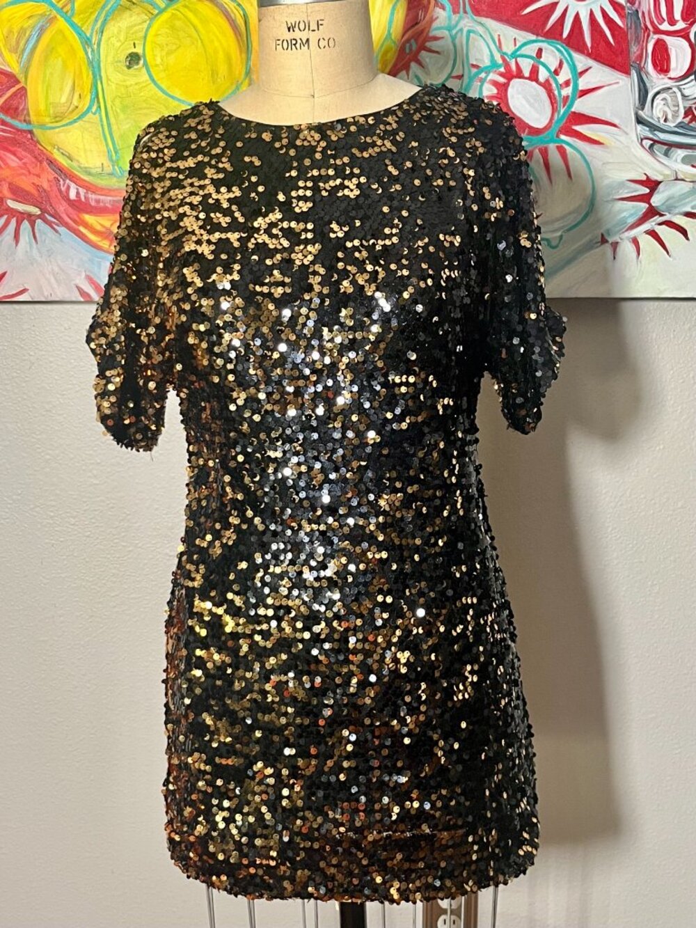 Pauln KC Black Gold Sequin Mini Cocktail Party Dress
